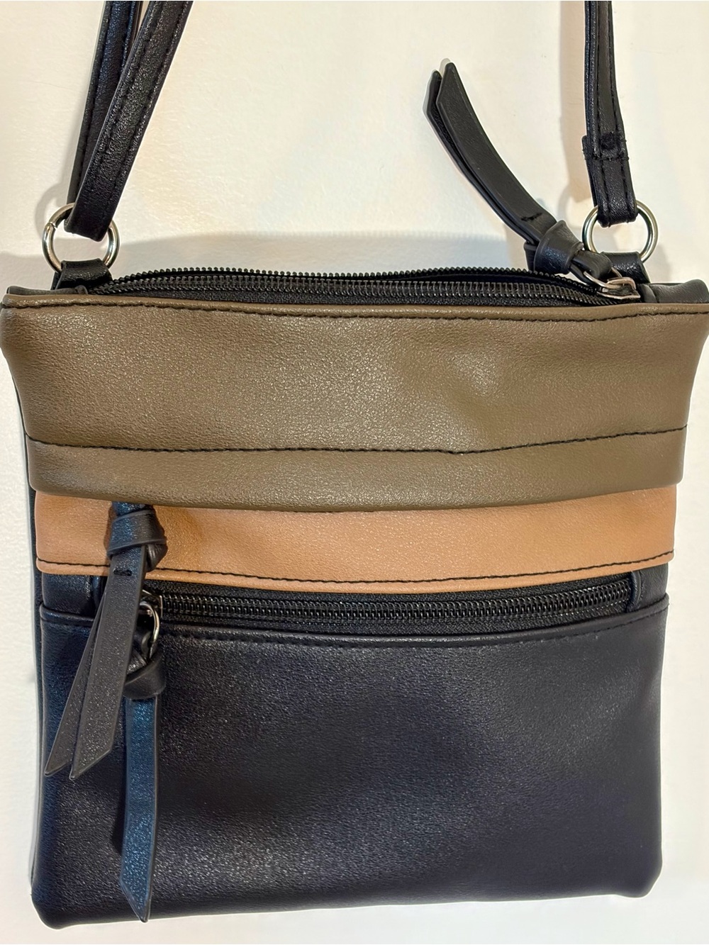 Compact Tri-Tone Crossbody Bag in Olive, Tan and Black